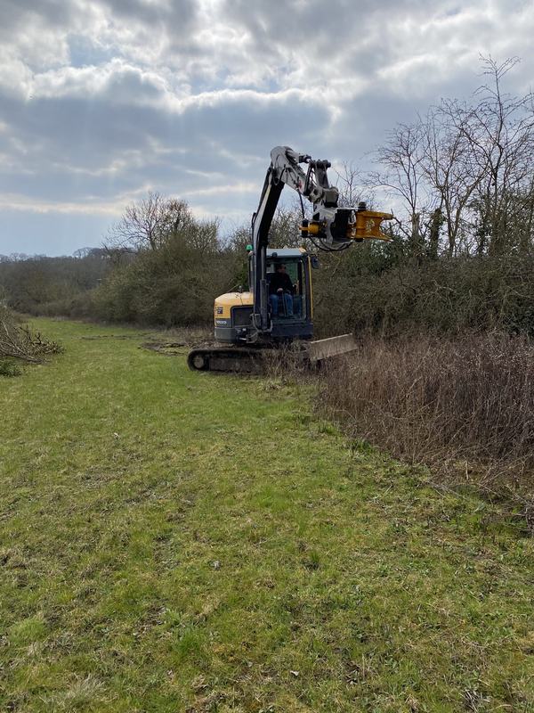Excavator with a flail mulching head clearing scrub and overgrowth along a grassy field margin